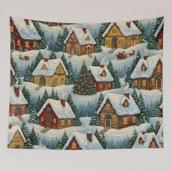 Item preview, Snowy Christmas Cottages Painting Festive Pattern Print designed and sold by MeadowFarmPrint.