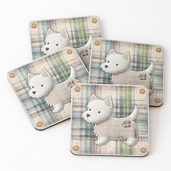 Item preview, Linen tartan stitched Westie designed and sold by WarmAndWestie.