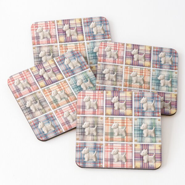 Item preview, Linen tartan stitched Westies designed and sold by WarmAndWestie.