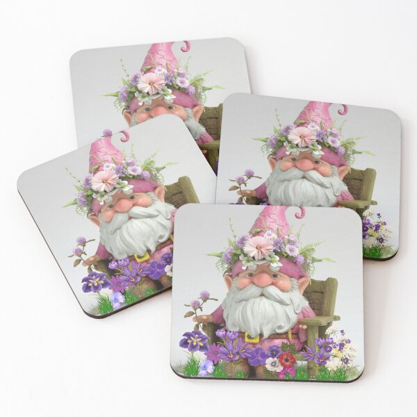 Item preview, A pink gnome sits among flowers, a gift for a dreamy gardener. designed and sold by DZIERANA.