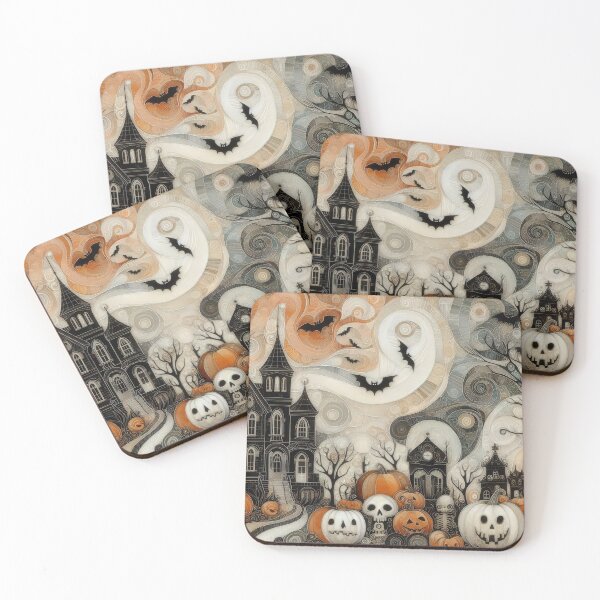 Item preview, Halloween illustration with house, pumpkins, bats and other holiday attributes designed and sold by 4Seasons.