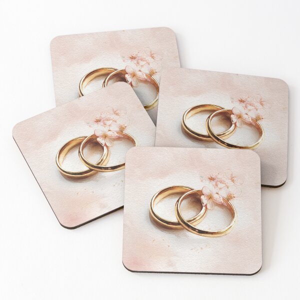 Item preview, Watercolor Style Golden Wedding Rings with Delicate Pink Blossoms on Soft Paper Texture Art designed and sold by ModNoy.