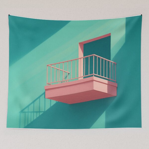 Item preview, Pink Balcony on Teal Wall with Long Shadows designed and sold by SassyArtistry.