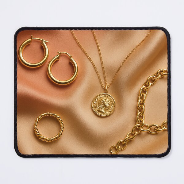 Item preview, Gold jewelry on satin fabric background designed and sold by SassyArtistry.