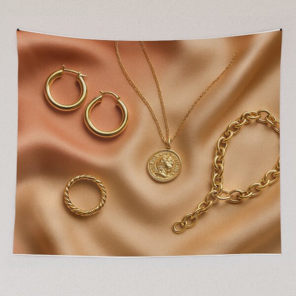 Item preview, Gold jewelry on satin fabric background designed and sold by SassyArtistry.