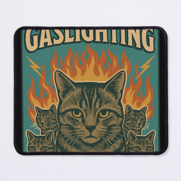 Artikelvorschau, Katzen-Meme: Gaslighting ist nicht real, du bist buchstäblich verrückt. Flammende Retro-Comic-Ästhetik entworfen und verkauft von Bongocomic.