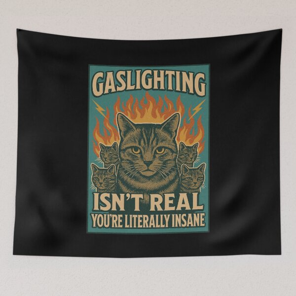 Item preview, Cat Meme Gaslighting Isn’t Real, You’re Literally Insane Flaming Retro Comic Aesthetic designed and sold by Bongocomic.