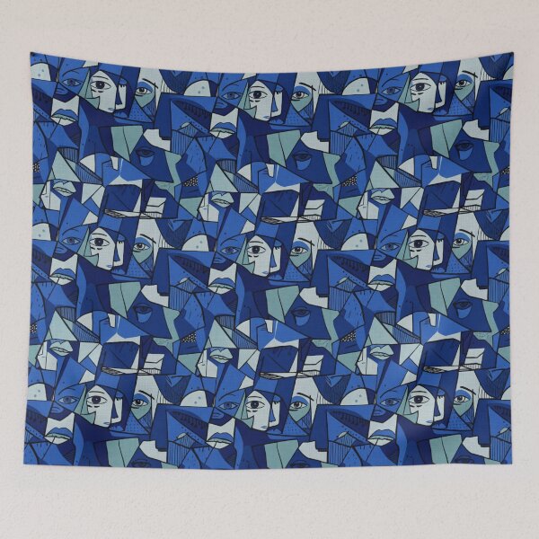 Item preview, Cubist Pattern Blue Faces Avant-garde | Modern Abstract Design Picasso Style Monochromatic Fragmented Portrait designed and sold by DibuHumor.
