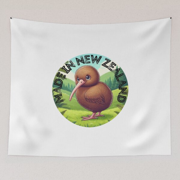 Item preview, "Made in New Zealand" cartoon kiwi bird with rural NZ background designed and sold by PhotoDesignNZ.