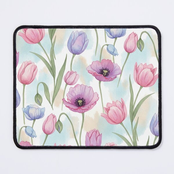 Aperçu de l'œuvre Motif floral aquarelle rêveur de tulipes et de coquelicots – Design botanique rose, violet et bleu créée et vendue par skysshobu.