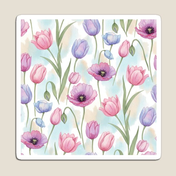 Item preview, Dreamy Watercolor Tulips & Poppies Floral Pattern – Pink, Purple & Blue Botanical Design designed and sold by skysshobu.