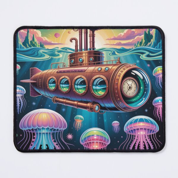 Item preview, antique submarine navigating a vibrant, otherworldly ocean. designed and sold by Lilashakti ⭐️ ⭐️ ⭐️ ⭐️ ⭐️.
