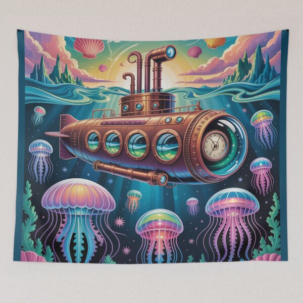 Item preview, antique submarine navigating a vibrant, otherworldly ocean. designed and sold by Lilashakti ⭐️ ⭐️ ⭐️ ⭐️ ⭐️.
