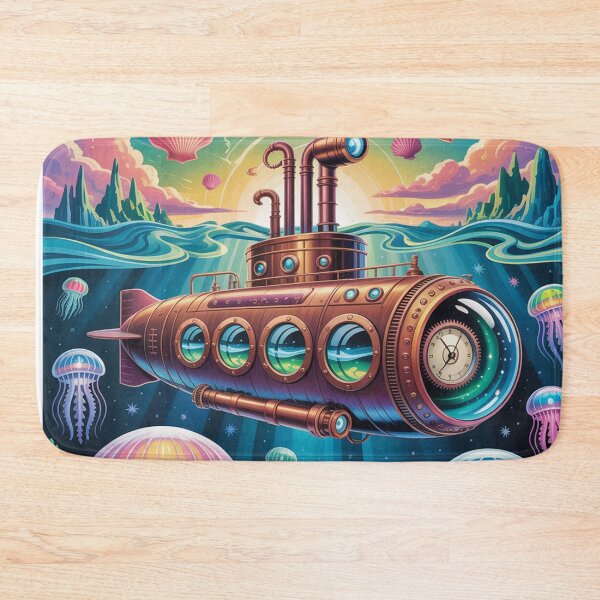 Item preview, antique submarine navigating a vibrant, otherworldly ocean. designed and sold by Lilashakti ⭐️ ⭐️ ⭐️ ⭐️ ⭐️.