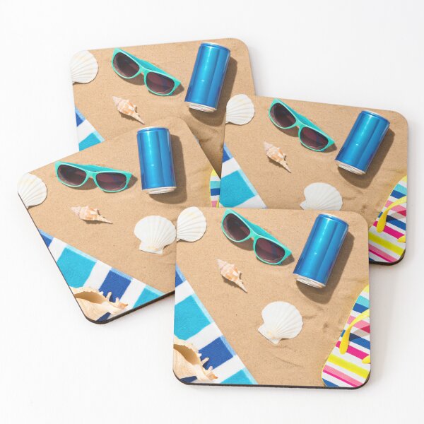 Item preview, Bright Summer Beach Flatlay with Sunglasses Colorful Flip Flops Seashells Starfish Towel and Blue Drink Can designed and sold by Mimoshi ⭐⭐⭐⭐⭐.