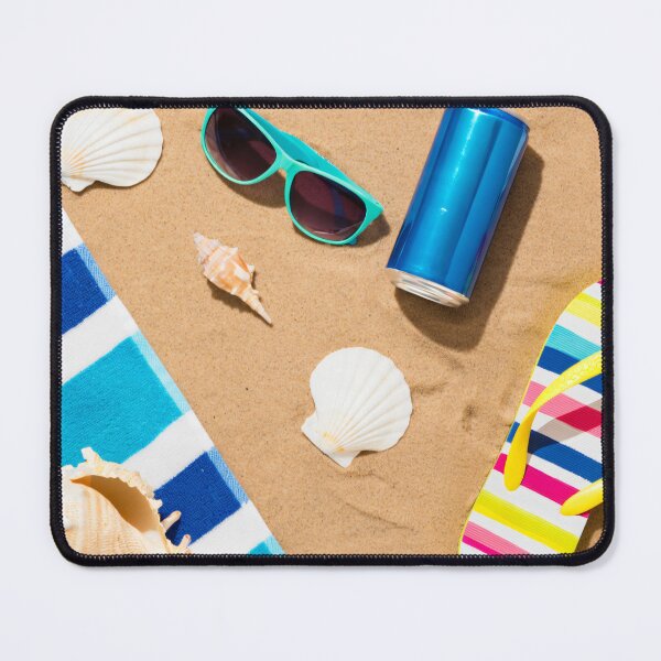 Item preview, Bright Summer Beach Flatlay with Sunglasses Colorful Flip Flops Seashells Starfish Towel and Blue Drink Can designed and sold by Mimoshi ⭐⭐⭐⭐⭐.