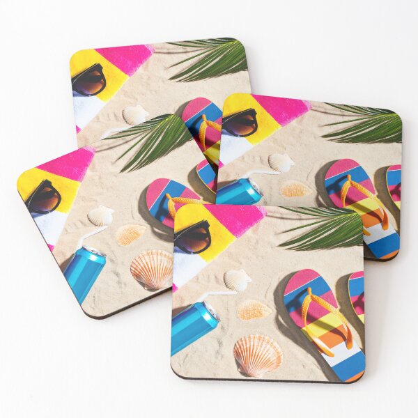 Item preview, Colorful Summer Beach Essentials with Flip Flops Sunglasses Towel and Seashells on Sandy Tropical Coast designed and sold by Mimoshi ⭐⭐⭐⭐⭐.