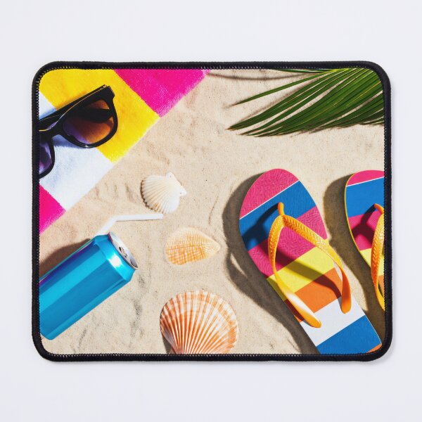 Item preview, Colorful Summer Beach Essentials with Flip Flops Sunglasses Towel and Seashells on Sandy Tropical Coast designed and sold by Mimoshi ⭐⭐⭐⭐⭐.