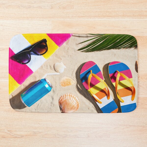 Item preview, Colorful Summer Beach Essentials with Flip Flops Sunglasses Towel and Seashells on Sandy Tropical Coast designed and sold by Mimoshi ⭐⭐⭐⭐⭐.