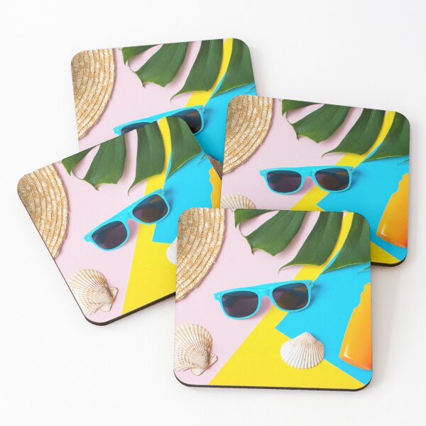 Item preview, Colorful Tropical Summer Flatlay with Straw Hat Sunglasses Sunscreen Bottle Seashells and Green Leaves on Bright Background designed and sold by Mimoshi ⭐⭐⭐⭐⭐.