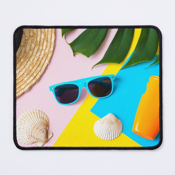 Item preview, Colorful Tropical Summer Flatlay with Straw Hat Sunglasses Sunscreen Bottle Seashells and Green Leaves on Bright Background designed and sold by Mimoshi ⭐⭐⭐⭐⭐.