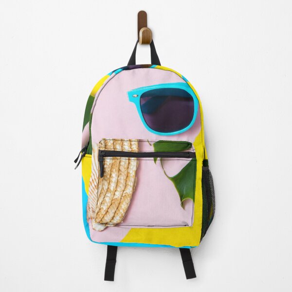 Item preview, Colorful Tropical Summer Flatlay with Straw Hat Sunglasses Sunscreen Bottle Seashells and Green Leaves on Bright Background designed and sold by Mimoshi ⭐⭐⭐⭐⭐.