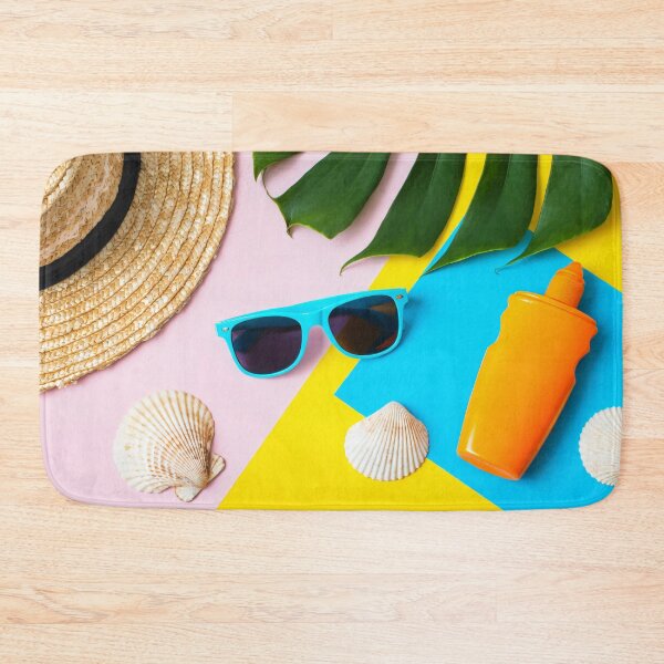 Item preview, Colorful Tropical Summer Flatlay with Straw Hat Sunglasses Sunscreen Bottle Seashells and Green Leaves on Bright Background designed and sold by Mimoshi ⭐⭐⭐⭐⭐.