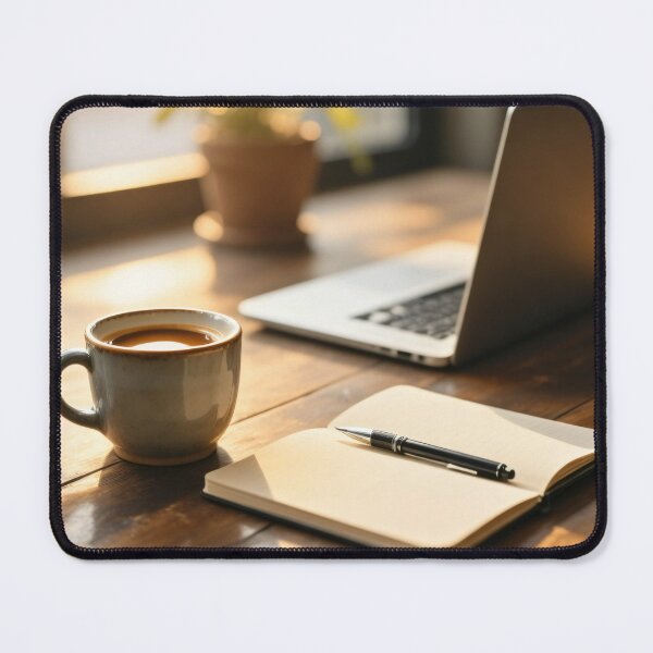 Item preview, Cozy Morning Coffee Cup Notebook and Laptop on Wooden Table with Warm Sunlight in Peaceful Workspace designed and sold by Mimoshi ⭐⭐⭐⭐⭐.