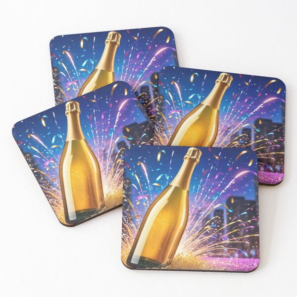 Item preview, Golden Champagne Bottle with Sparkling Fireworks on City Street Background Celebrating Festive Night Party and New Year designed and sold by Mimoshi ⭐⭐⭐⭐⭐.