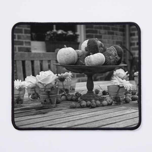 Item preview, Decorative Autumn Table Setting with Pumpkins and Flowers Outdoors in black and white designed and sold by FotoMahieu.