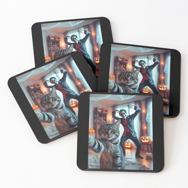 Item preview, Cat Selfie with Skeleton Funny Halloween Party Photo Graphic designed and sold by Jone Cham.