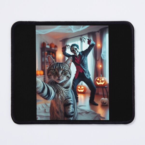 Item preview, Cat Selfie with Skeleton Funny Halloween Party Photo Graphic designed and sold by Jone Cham.