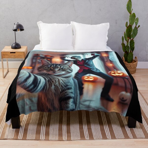 Item preview, Cat Selfie with Skeleton Funny Halloween Party Photo Graphic designed and sold by Jone Cham.