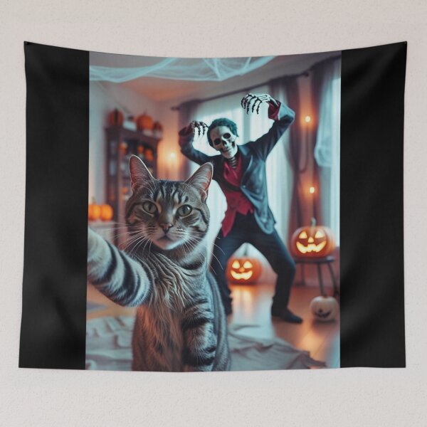 Item preview, Cat Selfie with Skeleton Funny Halloween Party Photo Graphic designed and sold by Jone Cham.
