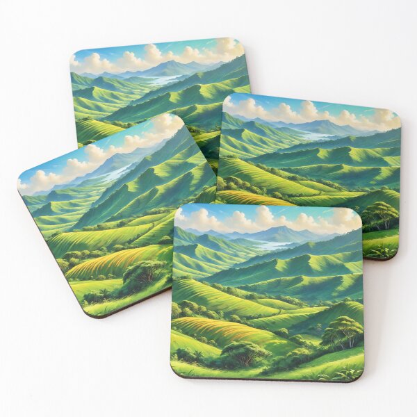 Item preview, Vibrant Green Mountain Landscape with Rolling Hills Trees and Distant Lake under Bright Blue Sky designed and sold by Mimoshi ⭐⭐⭐⭐⭐.
