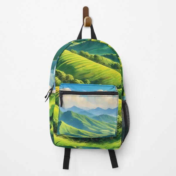 Item preview, Vibrant Green Mountain Landscape with Rolling Hills Trees and Distant Lake under Bright Blue Sky designed and sold by Mimoshi ⭐⭐⭐⭐⭐.