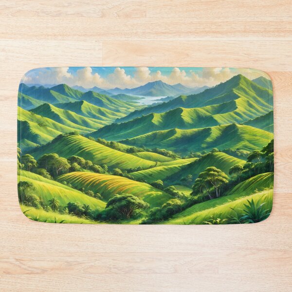 Item preview, Vibrant Green Mountain Landscape with Rolling Hills Trees and Distant Lake under Bright Blue Sky designed and sold by Mimoshi ⭐⭐⭐⭐⭐.