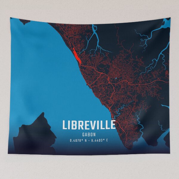 Item preview, Libreville Red & Blue Minimalist Map designed and sold by HomeLivingCo.