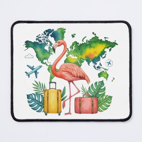 Item preview, Travel Flamingo with Suitcases and World Map Illustration designed and sold by ArtfulWeave.