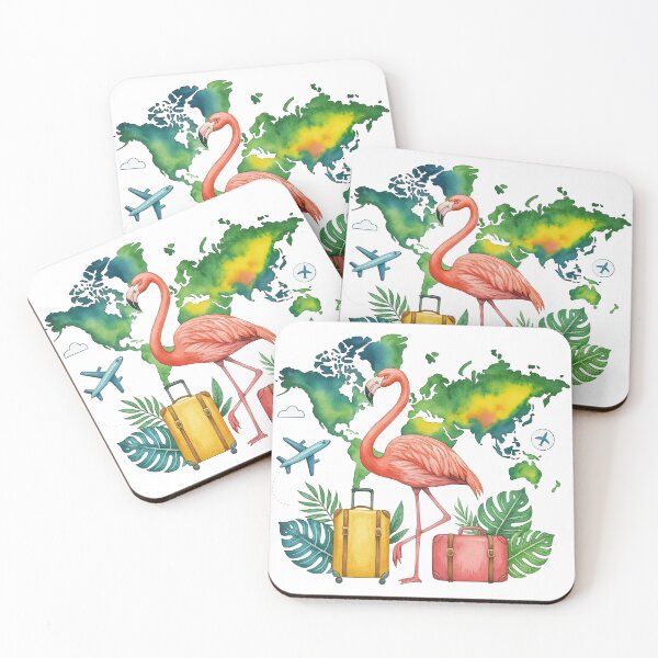 Item preview, Travel Flamingo with Suitcases and World Map Illustration designed and sold by ArtfulWeave.