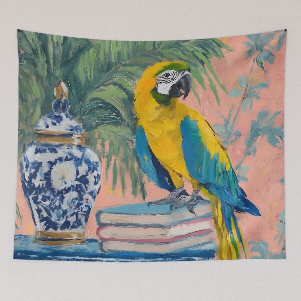 Item preview, Macaw and ginger jar oil painting designed and sold by SophieClimaArt.