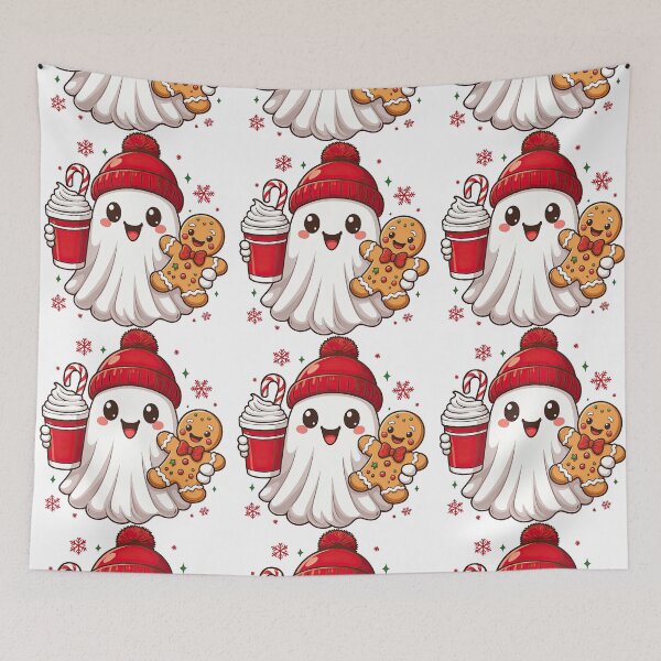 Item preview, Cute Christmas Ghost with Hot Chocolate and Gingerbread designed and sold by ArtfulWeave.