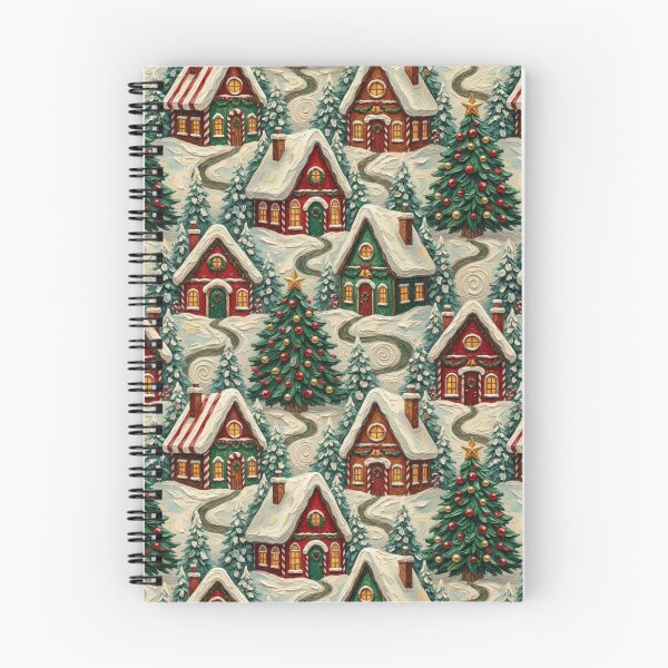 Item preview, Snowy Christmas Cottages Trees Festive Pattern Print designed and sold by MeadowFarmPrint.