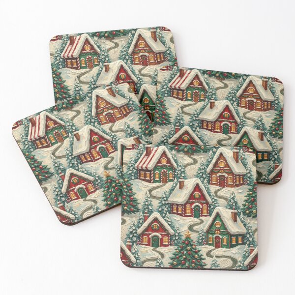 Item preview, Snowy Christmas Cottages Trees Festive Pattern Print designed and sold by MeadowFarmPrint.