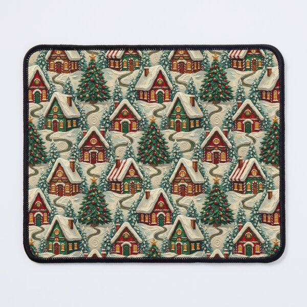 Item preview, Snowy Christmas Cottages Trees Festive Pattern Print designed and sold by MeadowFarmPrint.