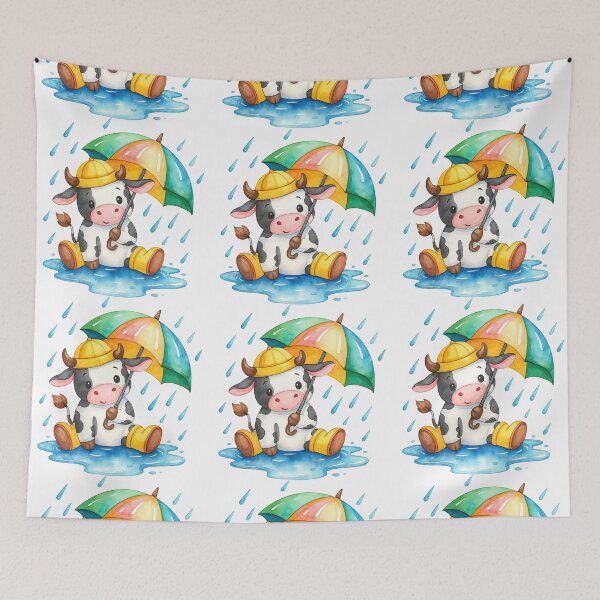 Item preview, Cute Rainy Day Cow with Umbrella and Boots designed and sold by ArtfulWeave.