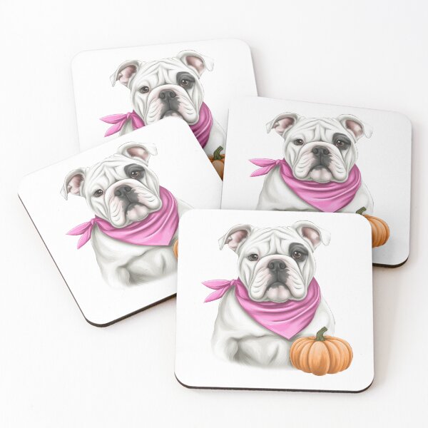 Item preview, White bulldog wearing a pink ribbon scarf with pumpkin symbolizing breast cancer awareness and hope designed and sold by olenapetol.