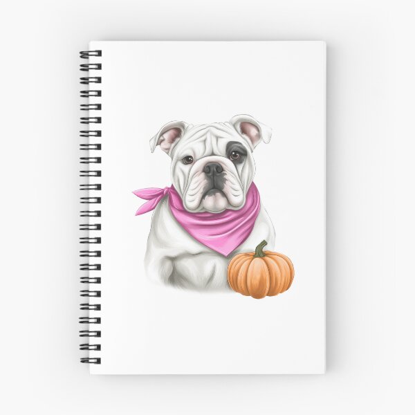Item preview, White bulldog wearing a pink ribbon scarf with pumpkin symbolizing breast cancer awareness and hope designed and sold by olenapetol.