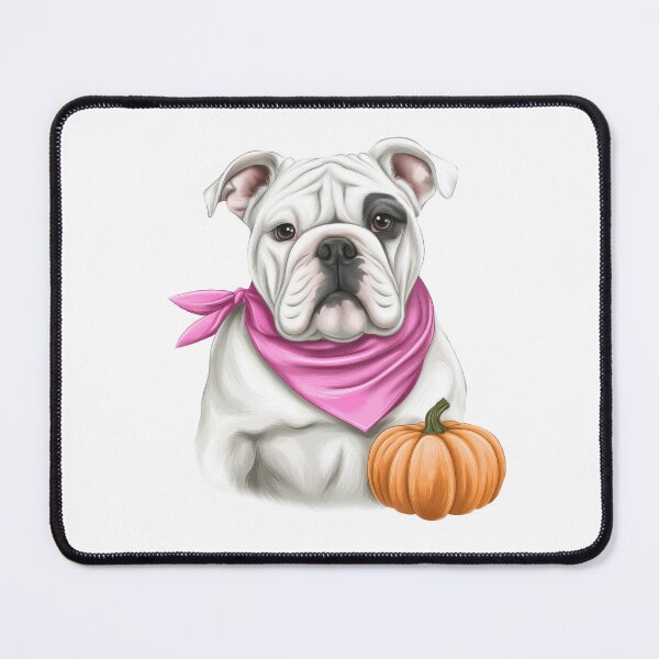 Item preview, White bulldog wearing a pink ribbon scarf with pumpkin symbolizing breast cancer awareness and hope designed and sold by olenapetol.