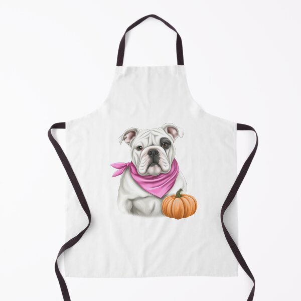 Item preview, White bulldog wearing a pink ribbon scarf with pumpkin symbolizing breast cancer awareness and hope designed and sold by olenapetol.